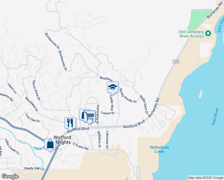 map of restaurants, bars, coffee shops, grocery stores, and more near 304 Cedar Way in Wofford Heights