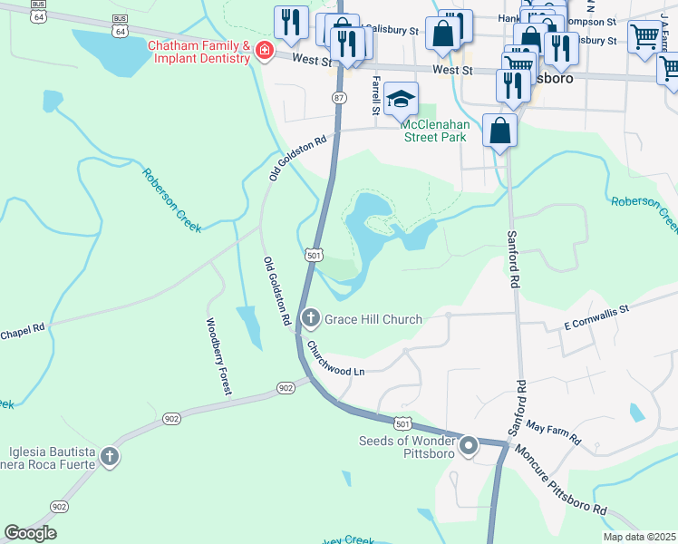 map of restaurants, bars, coffee shops, grocery stores, and more near 529 North Carolina 902 in Pittsboro