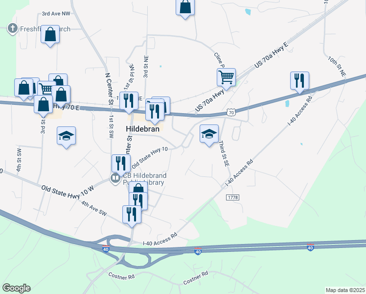 map of restaurants, bars, coffee shops, grocery stores, and more near 106 2nd Ave SE in Hildebran
