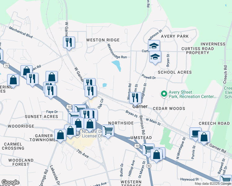 map of restaurants, bars, coffee shops, grocery stores, and more near 104 Perdue Street in Garner