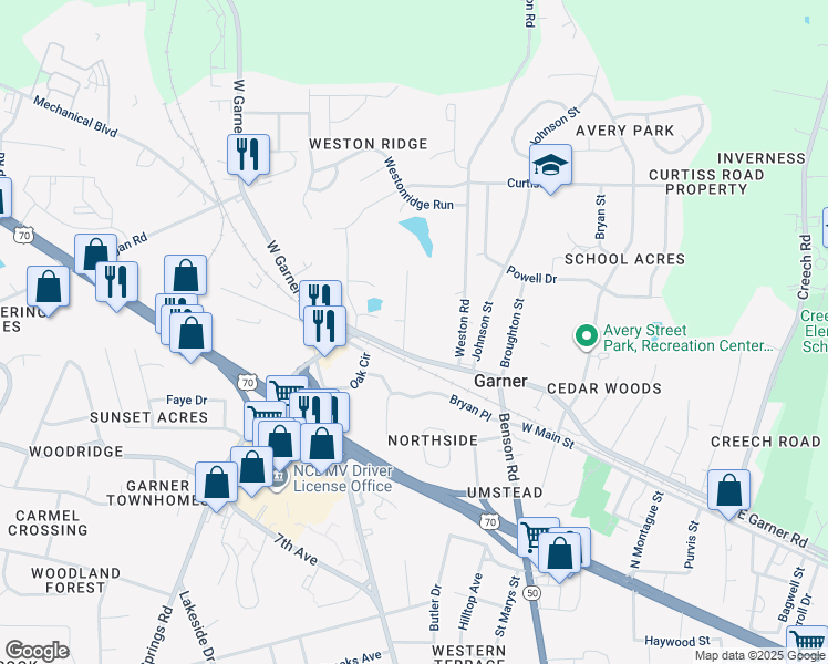 map of restaurants, bars, coffee shops, grocery stores, and more near 104 Perdue Street in Garner