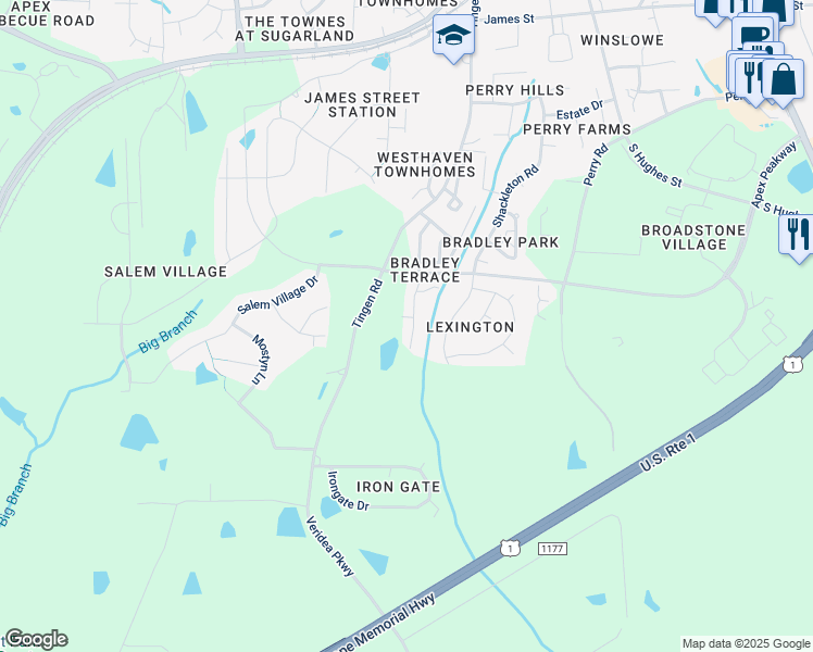 map of restaurants, bars, coffee shops, grocery stores, and more near 338 Anterbury Drive in Apex
