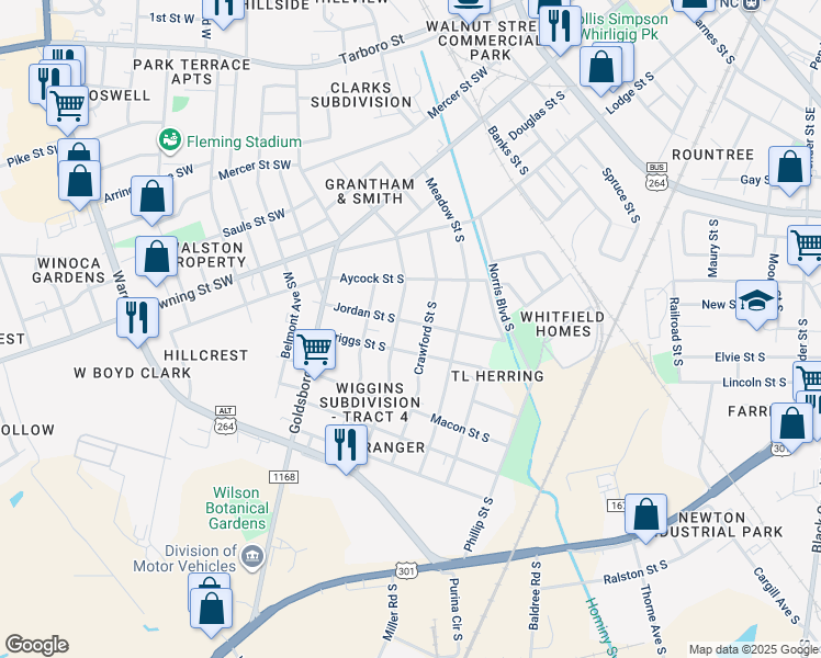 map of restaurants, bars, coffee shops, grocery stores, and more near 912 Crawford Street South in Wilson