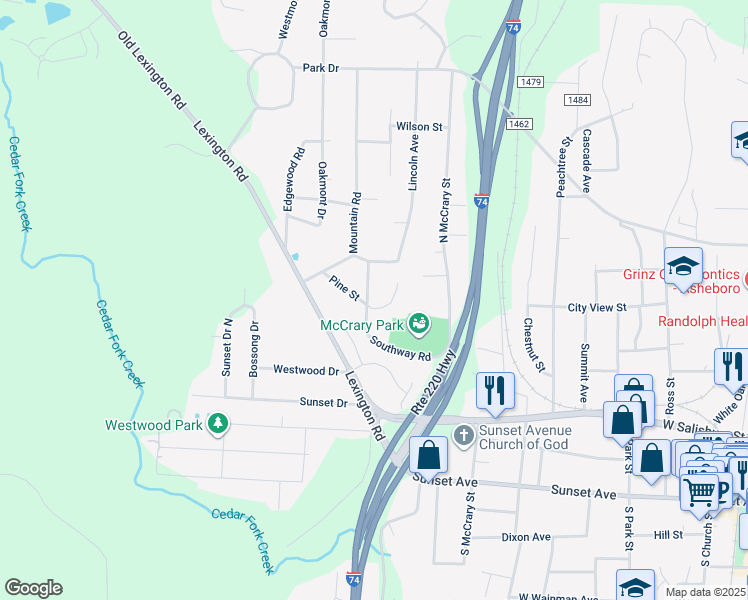 map of restaurants, bars, coffee shops, grocery stores, and more near 422 Southway Road in Asheboro
