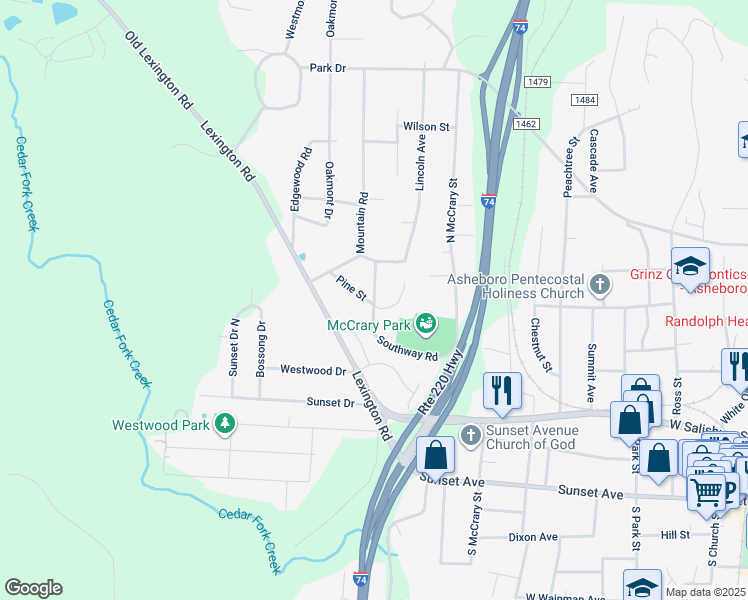 map of restaurants, bars, coffee shops, grocery stores, and more near 422 Southway Road in Asheboro