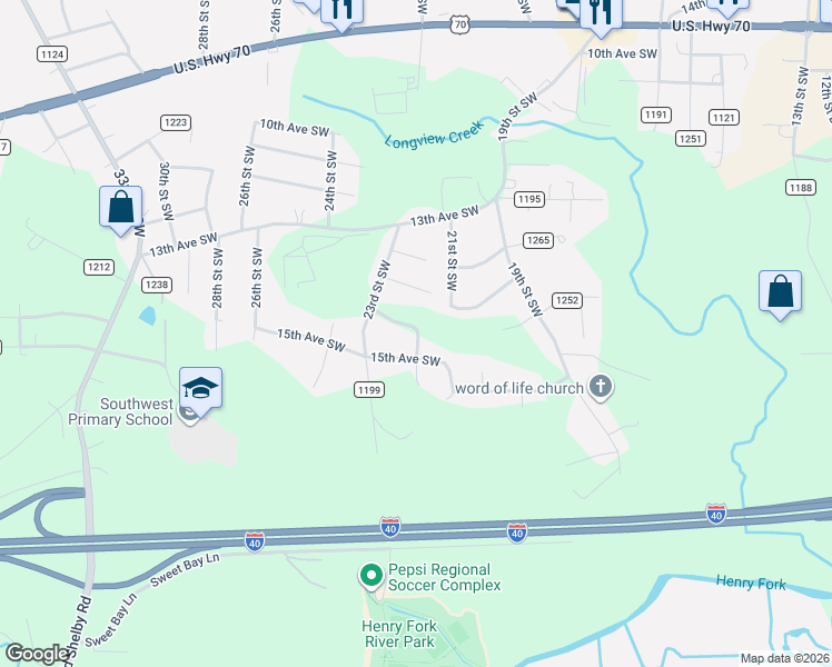 map of restaurants, bars, coffee shops, grocery stores, and more near 2135 14th Avenue Place Southwest in Hickory