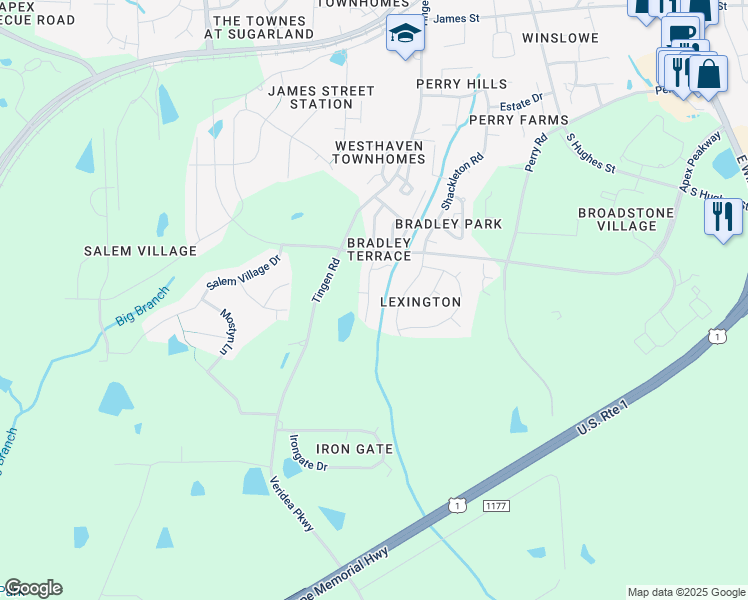 map of restaurants, bars, coffee shops, grocery stores, and more near 335 Anterbury Drive in Apex