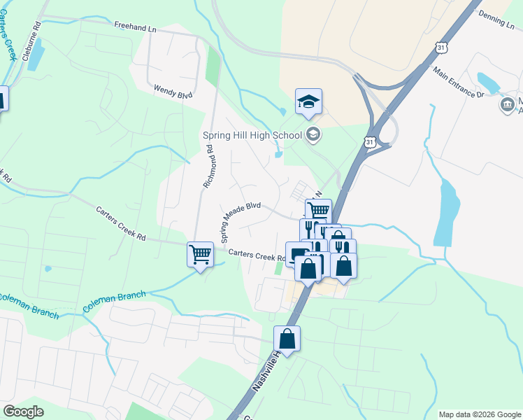 map of restaurants, bars, coffee shops, grocery stores, and more near 2808 Bluebird Court in Columbia