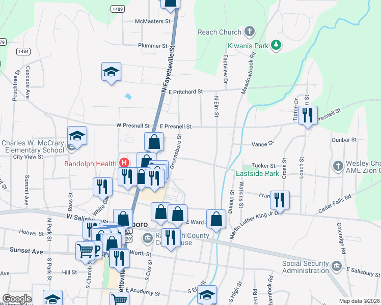 map of restaurants, bars, coffee shops, grocery stores, and more near 526 Greensboro Street in Asheboro