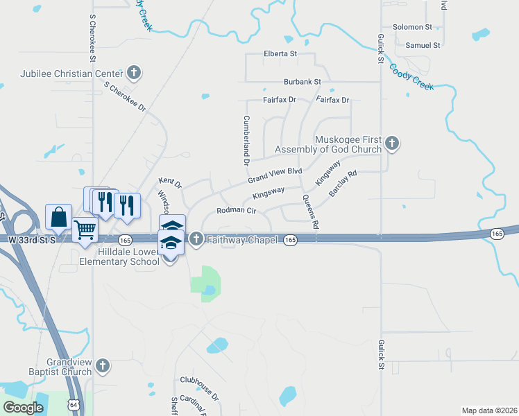 map of restaurants, bars, coffee shops, grocery stores, and more near 324 Kingsway in Muskogee