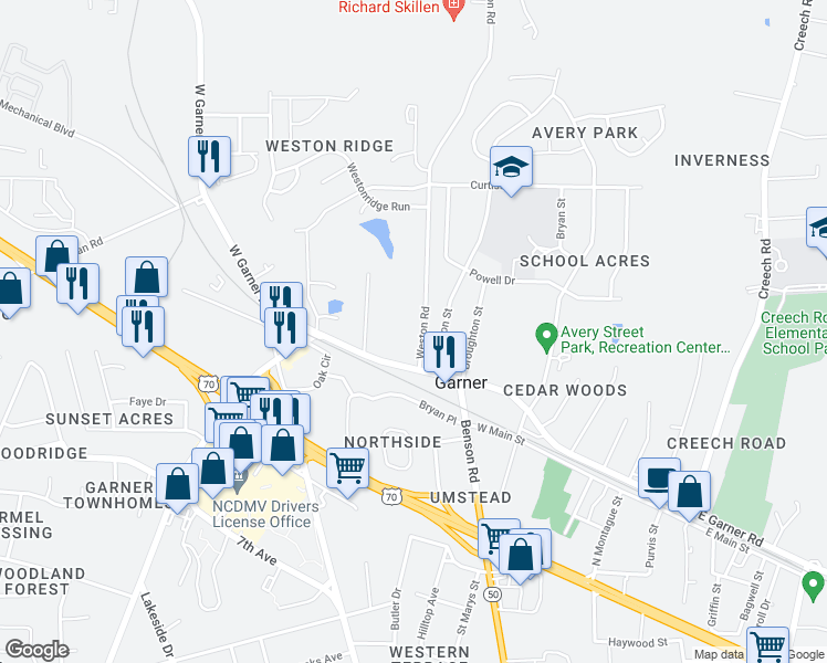 map of restaurants, bars, coffee shops, grocery stores, and more near 109 Weston Road in Garner