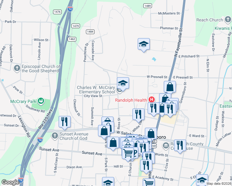 map of restaurants, bars, coffee shops, grocery stores, and more near 428 Hamlin Street in Asheboro