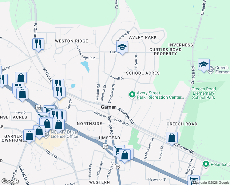 map of restaurants, bars, coffee shops, grocery stores, and more near 121 Broughton Street in Garner