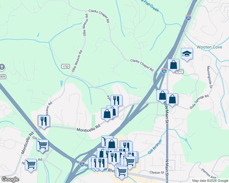 map of restaurants, bars, coffee shops, grocery stores, and more near 35 Song Bird Lane in Weaverville