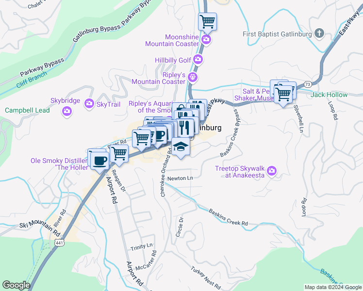 map of restaurants, bars, coffee shops, grocery stores, and more near 556 Parkway in Gatlinburg