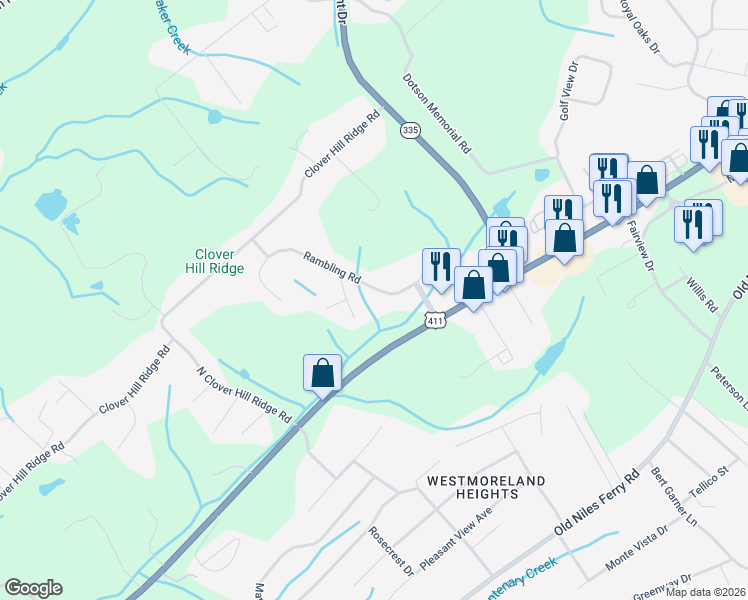 map of restaurants, bars, coffee shops, grocery stores, and more near 2821 Rambling Road in Maryville