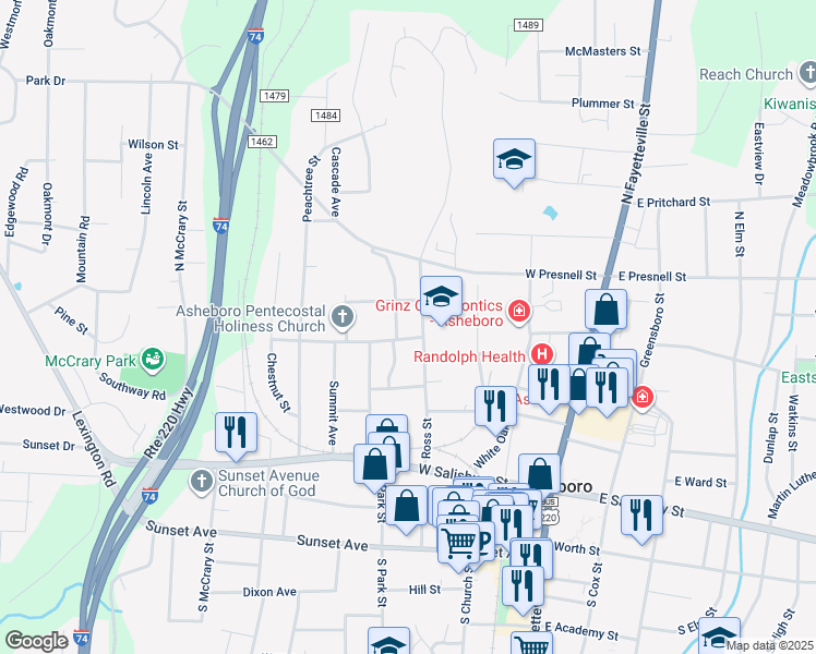 map of restaurants, bars, coffee shops, grocery stores, and more near 428 Hamlin Street in Asheboro