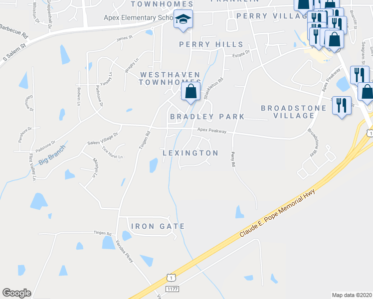 map of restaurants, bars, coffee shops, grocery stores, and more near 1213 Shackleton Road in Apex