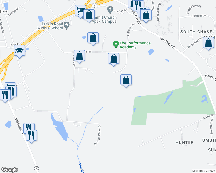 map of restaurants, bars, coffee shops, grocery stores, and more near 1000 Production Drive in Apex