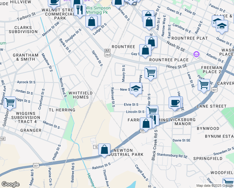 map of restaurants, bars, coffee shops, grocery stores, and more near 610 New St S in Wilson