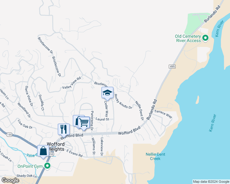 map of restaurants, bars, coffee shops, grocery stores, and more near 2 Rocky Knolls Drive in Wofford Heights