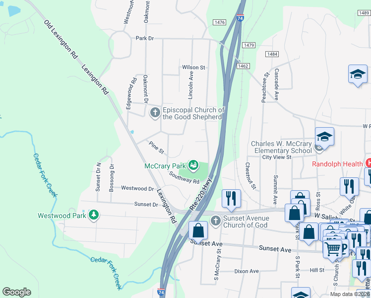 map of restaurants, bars, coffee shops, grocery stores, and more near 1101A Timbal Court in Asheboro