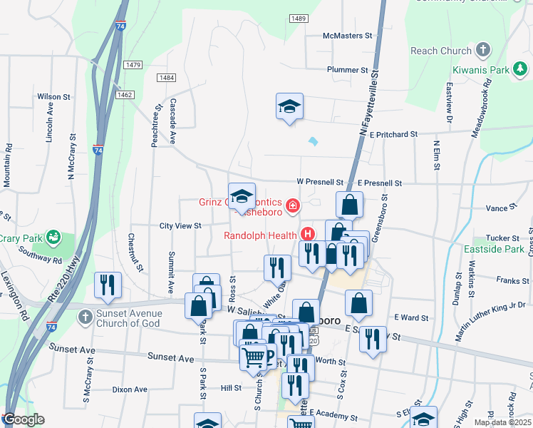 map of restaurants, bars, coffee shops, grocery stores, and more near 500 North Church Street in Asheboro
