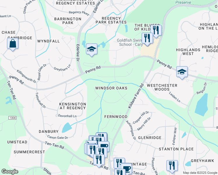 map of restaurants, bars, coffee shops, grocery stores, and more near 9600 Kingsford Dr in Cary