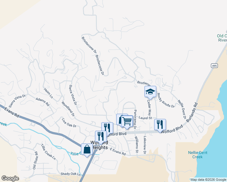 map of restaurants, bars, coffee shops, grocery stores, and more near 458 Sycamore Drive in Wofford Heights