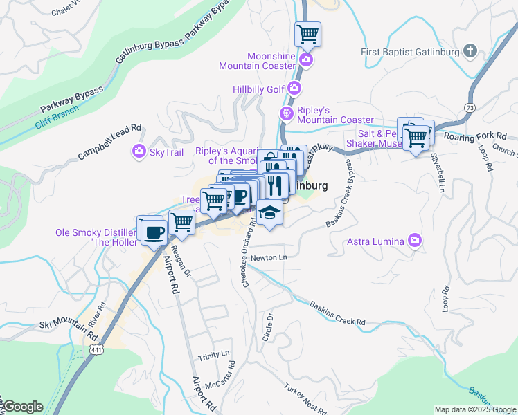 map of restaurants, bars, coffee shops, grocery stores, and more near 556 Parkway in Gatlinburg