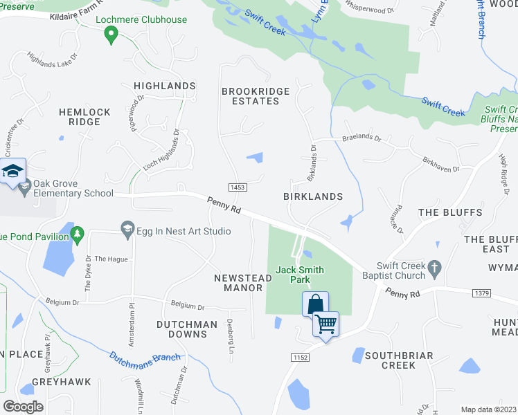 map of restaurants, bars, coffee shops, grocery stores, and more near 9904 Penny Road in Raleigh