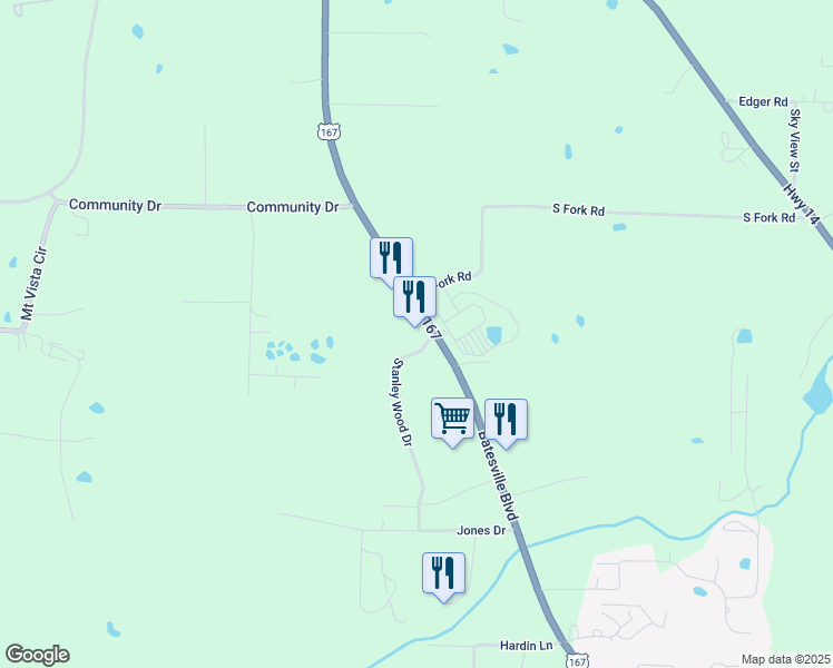 map of restaurants, bars, coffee shops, grocery stores, and more near Stanley Wood Drive in Independence County