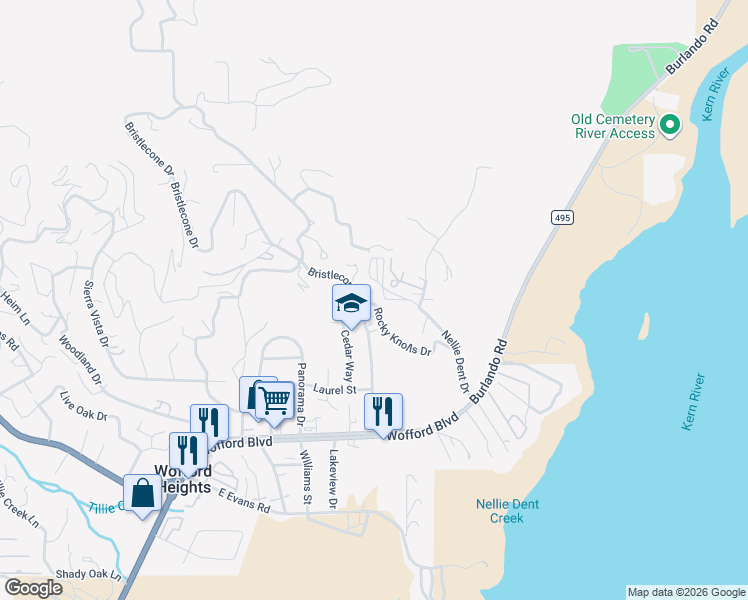 map of restaurants, bars, coffee shops, grocery stores, and more near 2 Rocky Knolls Drive in Wofford Heights