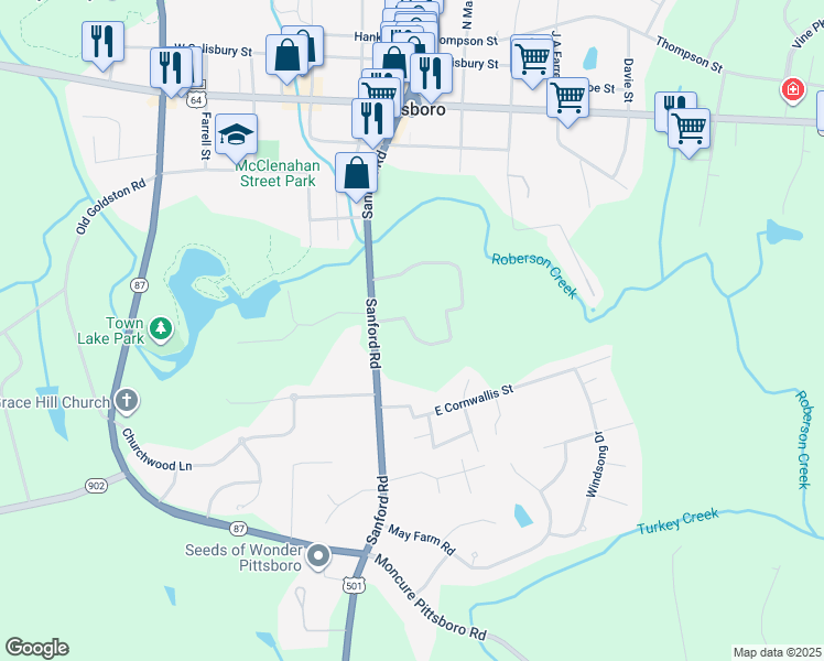 map of restaurants, bars, coffee shops, grocery stores, and more near South Horton Street in Pittsboro