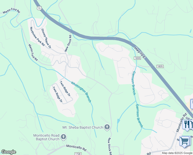 map of restaurants, bars, coffee shops, grocery stores, and more near 5 Nader Avenue in Weaverville