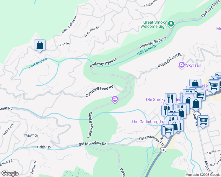 map of restaurants, bars, coffee shops, grocery stores, and more near 855 Campbell Lead Road in Gatlinburg