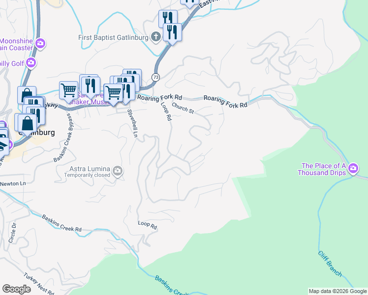 map of restaurants, bars, coffee shops, grocery stores, and more near 434 Hilltop Road in Gatlinburg