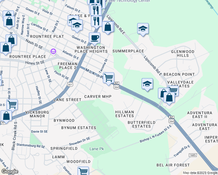 map of restaurants, bars, coffee shops, grocery stores, and more near 1724 Martin Luther King Junior Parkway in Wilson