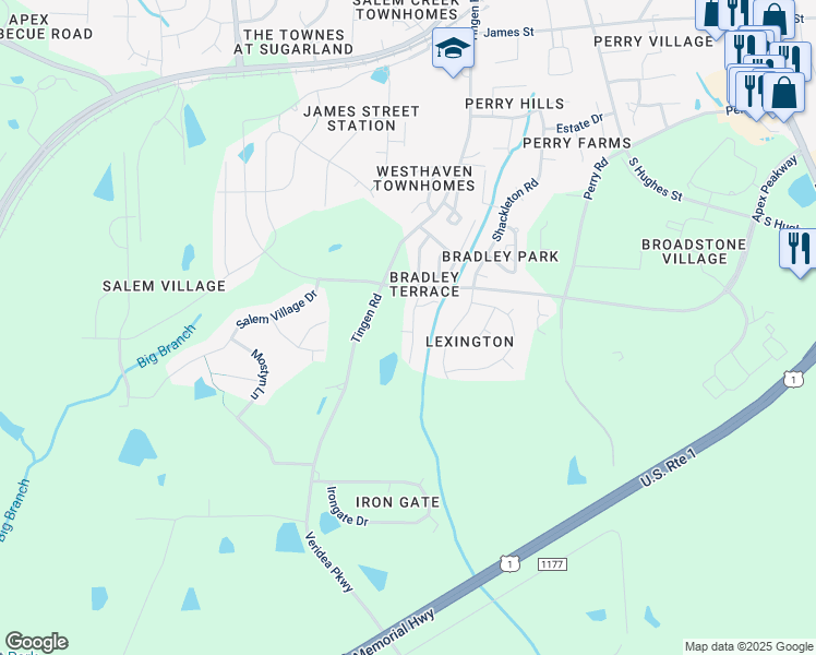 map of restaurants, bars, coffee shops, grocery stores, and more near 313 Anterbury Drive in Apex
