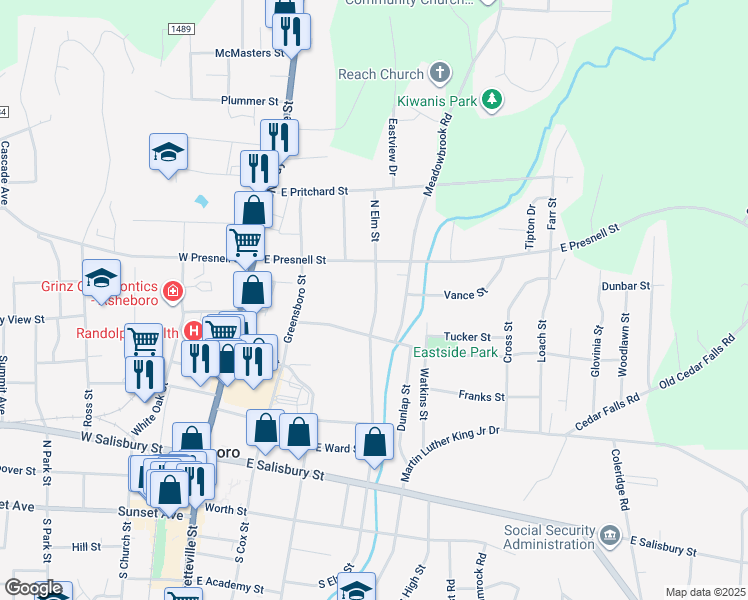 map of restaurants, bars, coffee shops, grocery stores, and more near 540 North Elm Street in Asheboro