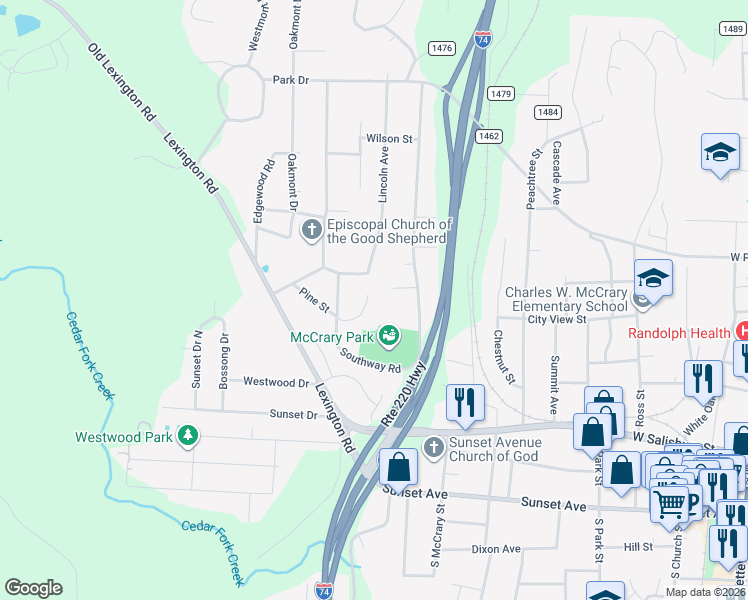 map of restaurants, bars, coffee shops, grocery stores, and more near 1101A Timbal Court in Asheboro