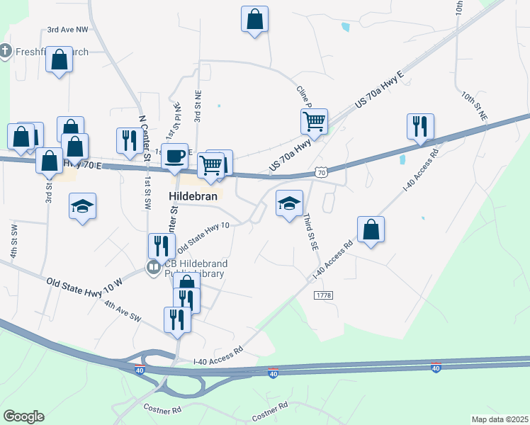 map of restaurants, bars, coffee shops, grocery stores, and more near 100-106 2nd Ave SE in Hildebran