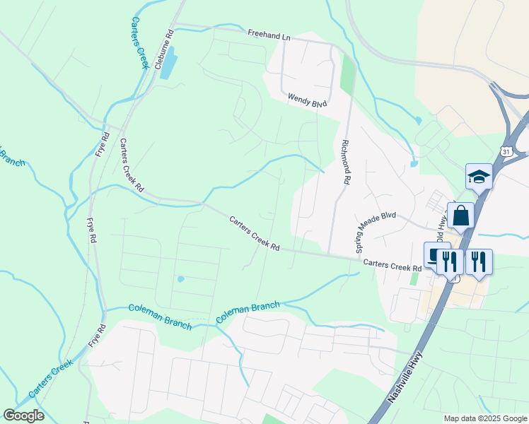 map of restaurants, bars, coffee shops, grocery stores, and more near 2848 Carters Creek Station Road in Columbia