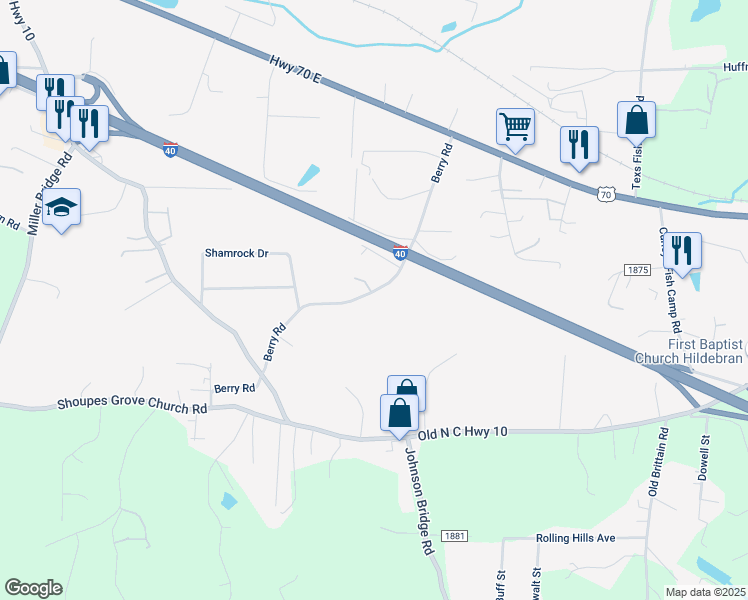 map of restaurants, bars, coffee shops, grocery stores, and more near 3669 Berry Road in Connelly Springs