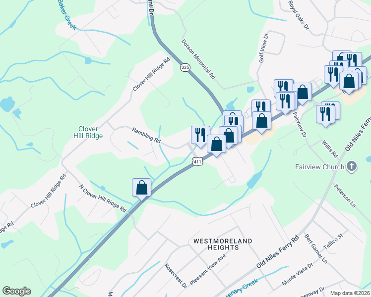 map of restaurants, bars, coffee shops, grocery stores, and more near 2803 Rambling Road in Maryville