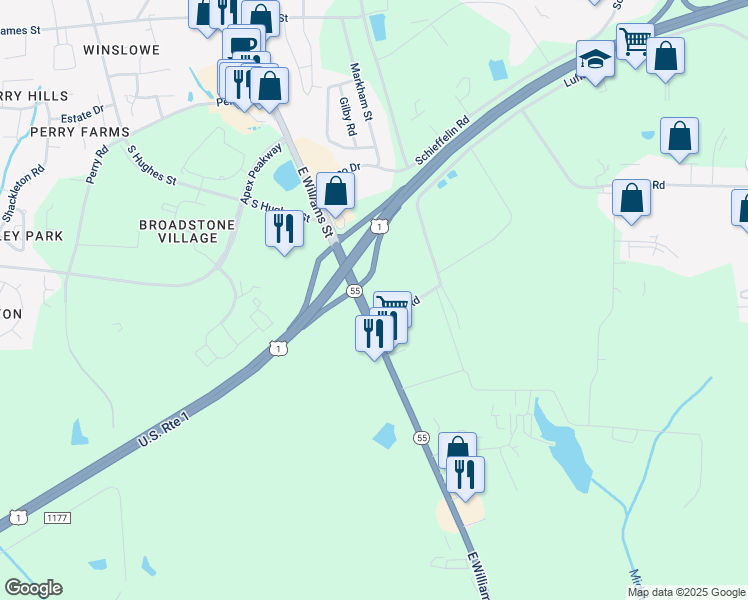 map of restaurants, bars, coffee shops, grocery stores, and more near 1401 East Williams Street in Apex
