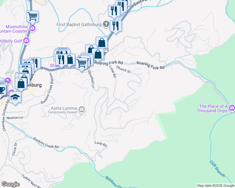 map of restaurants, bars, coffee shops, grocery stores, and more near 434 Hilltop Road in Gatlinburg