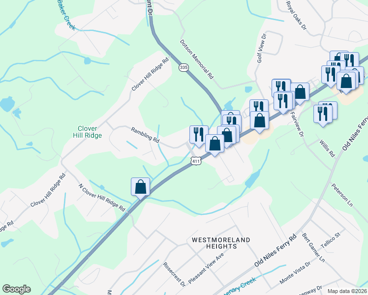 map of restaurants, bars, coffee shops, grocery stores, and more near 2803 Rambling Road in Maryville