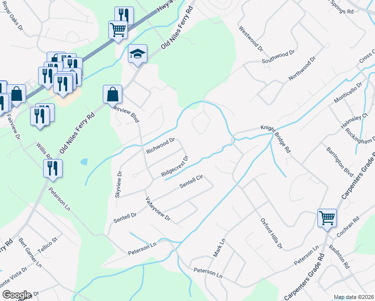 map of restaurants, bars, coffee shops, grocery stores, and more near 2119 Southwood Drive in Maryville