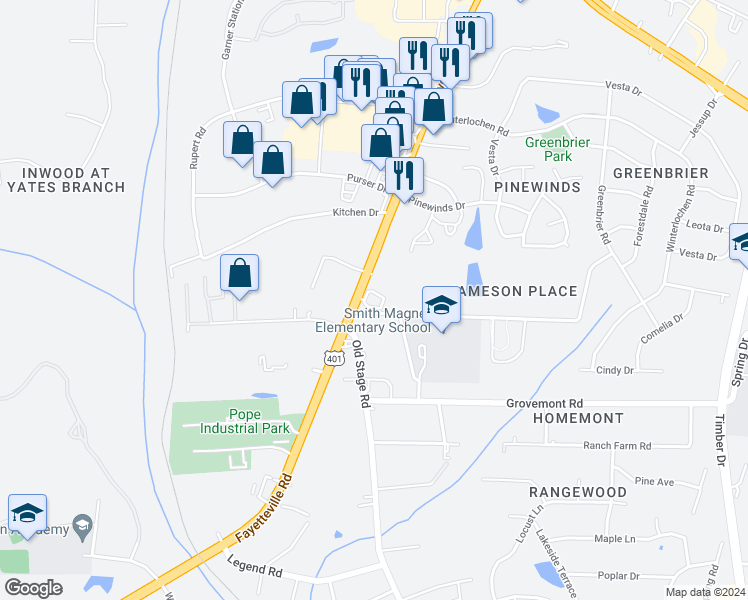 map of restaurants, bars, coffee shops, grocery stores, and more near 4901 Fayetteville Road in Raleigh